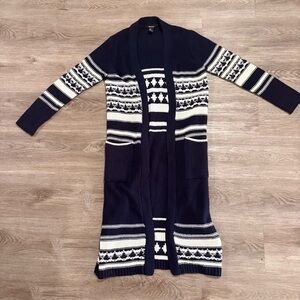 Forever 21 navy blue and white open-front long knit cardigan sweater Size small